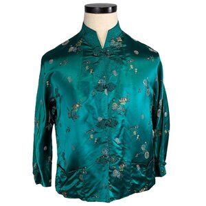 Vintage 1940s Emerald Green Satin Kimono Top Floral Embroidered Size 38